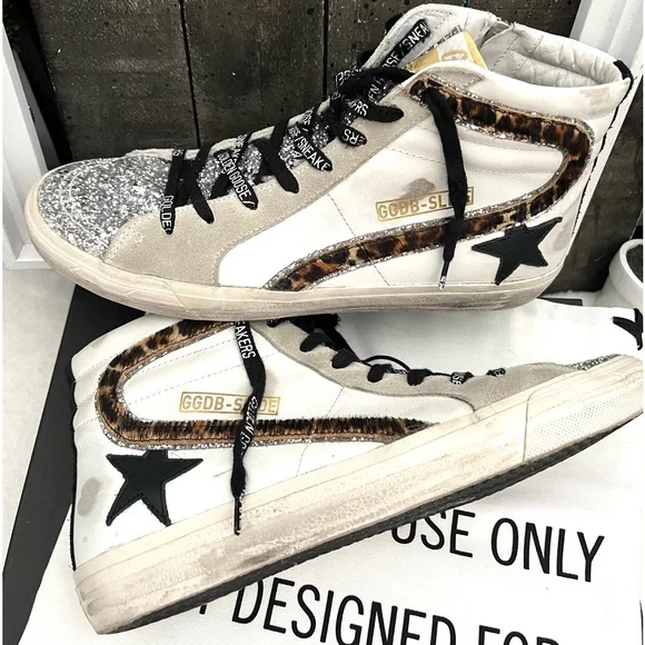 GOLDEN GOOSE Slide Leather Leopard Glitter Toes Mid/High Top Zipper Sz 42 US 12